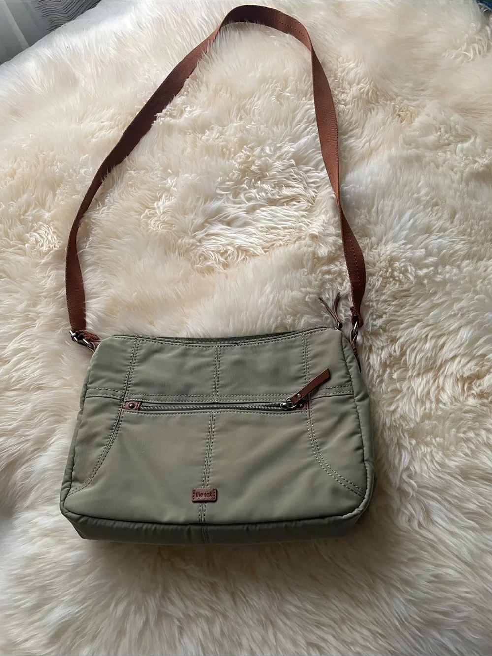 The Sak Esperato Recycled Nylon Hobo Bag Sage Green Canvas Strap EUC